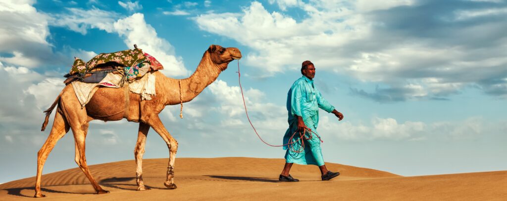 En bild på en man och en kamel